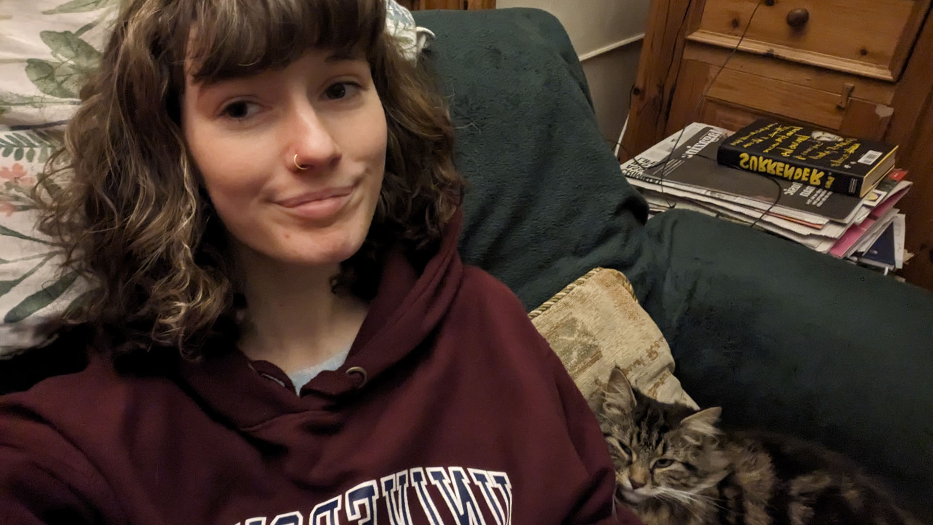Student Aine wearing a University of Huddersfield jumper